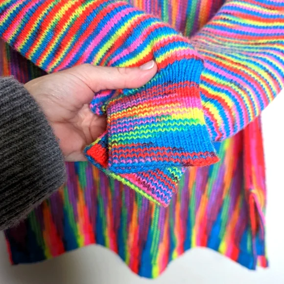 Vintage 80s Handmade Neon Multi Bright Stripe Knit Tunic Sweater - Picture 6 of 12